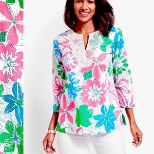 TALBOTS Tunic Floral Lace 100% Cotton 3/4 Sleeve Split Neck Popover Styling